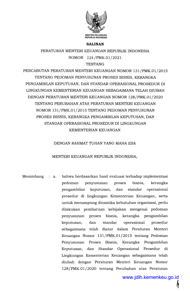Peraturan Menteri Keuangan Nomor 228/PMK.01/2021
