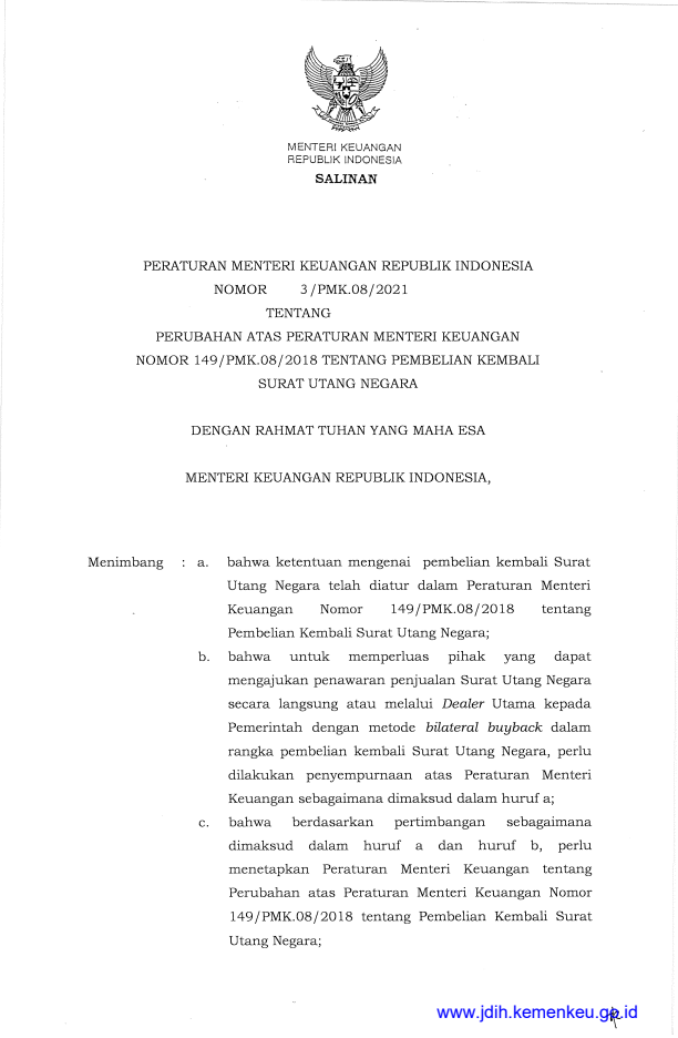 Peraturan Menteri Keuangan Nomor 3/PMK.08/2021