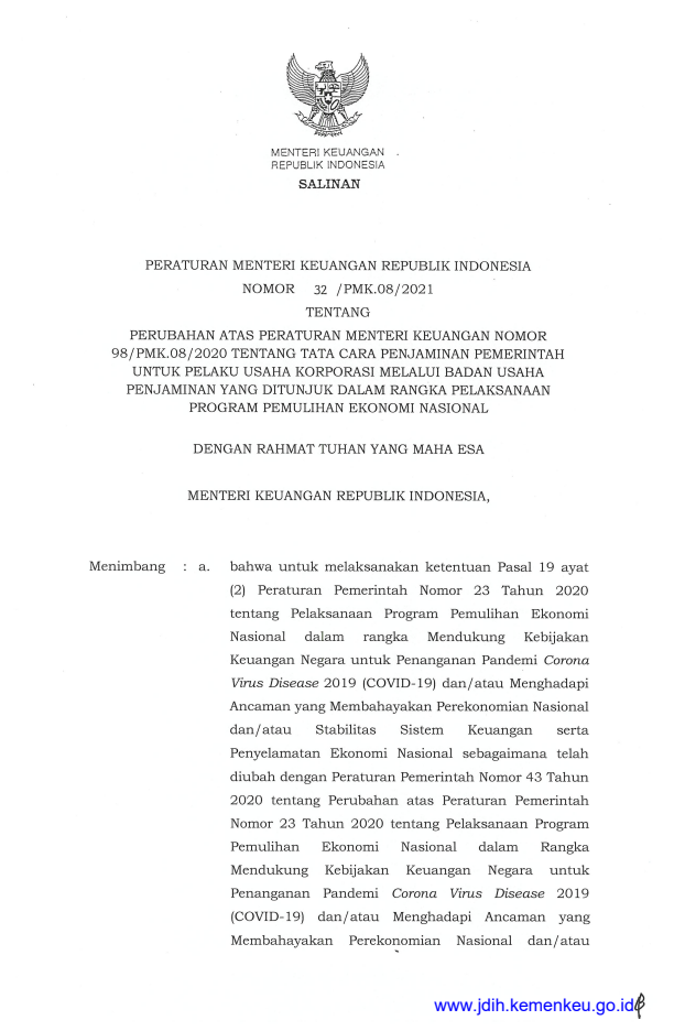 Peraturan Menteri Keuangan Nomor 32/PMK.08/2021