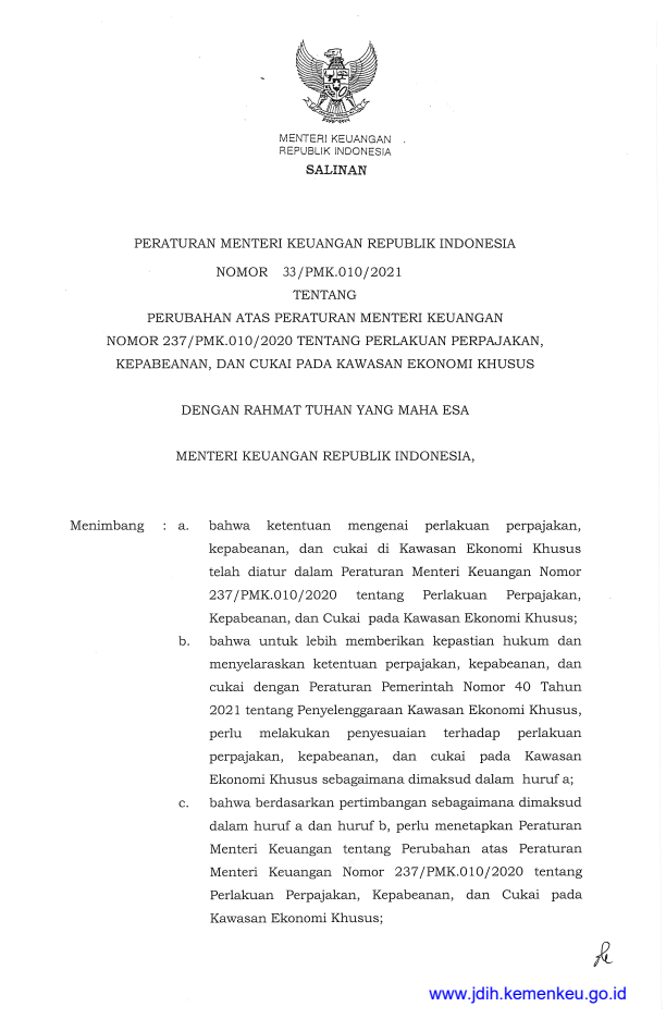 Peraturan Menteri Keuangan Nomor 33/PMK.010/2021