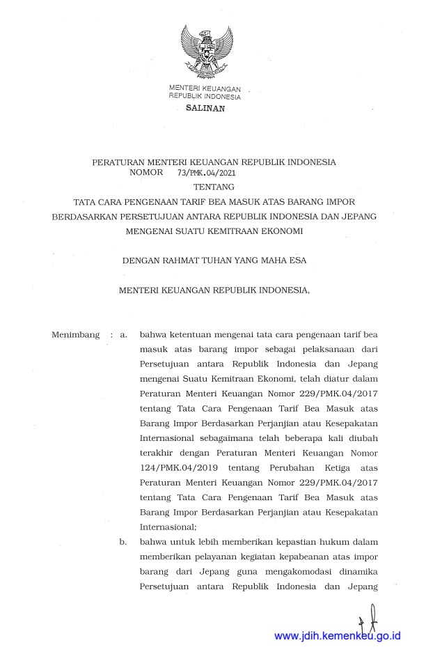 Peraturan Menteri Keuangan Nomor 73/PMK.04/2021