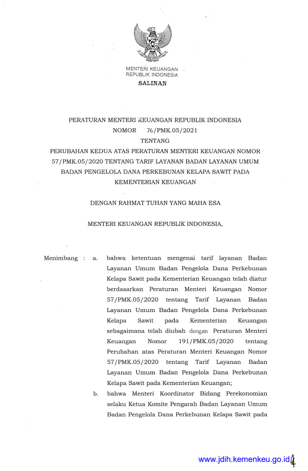 Peraturan Menteri Keuangan Nomor 76/PMK.05/2021