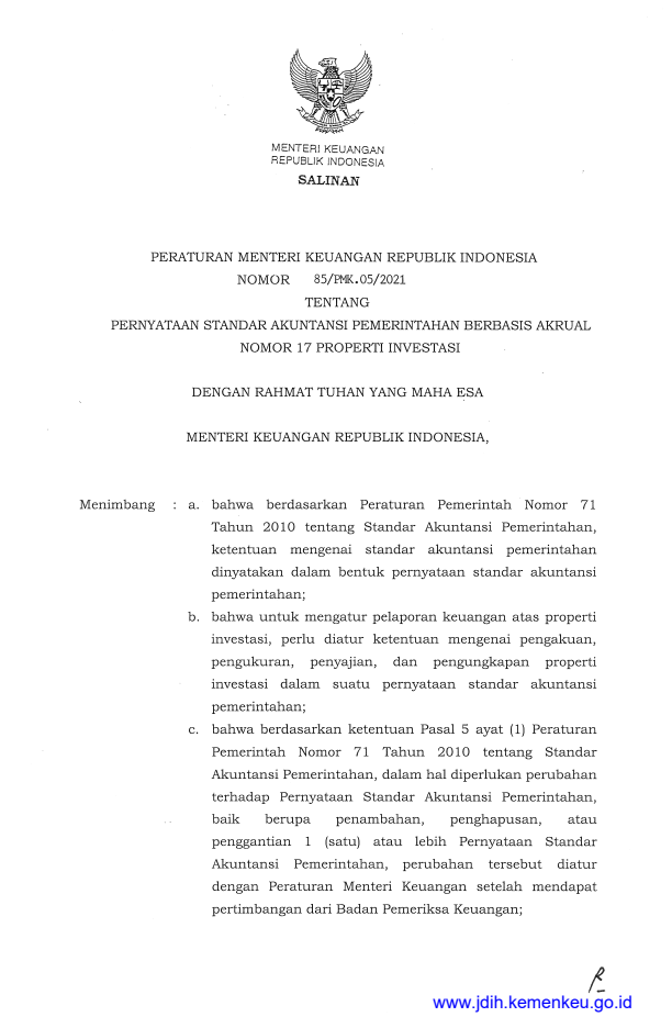Peraturan Menteri Keuangan Nomor 85/PMK.05/2021