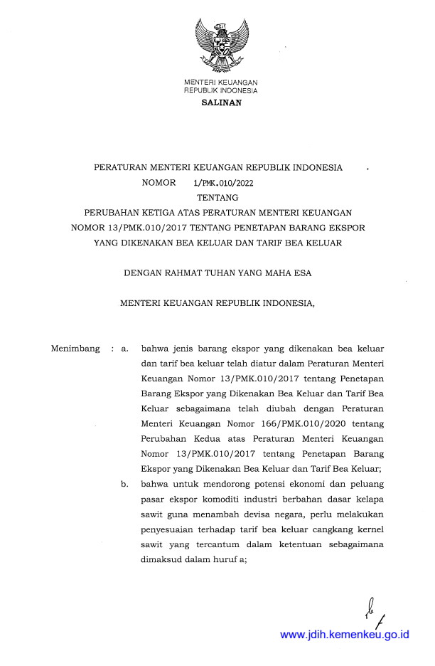 Peraturan Menteri Keuangan Nomor 1/PMK.010/2022