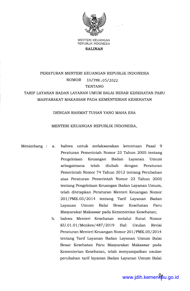 Peraturan Menteri Keuangan Nomor 10/PMK.05/2022