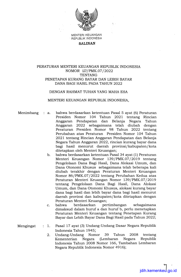 Peraturan Menteri Keuangan Nomor 127/PMK.07/2022
