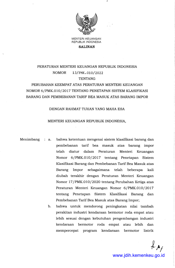 Peraturan Menteri Keuangan Nomor 13/PMK.010/2022