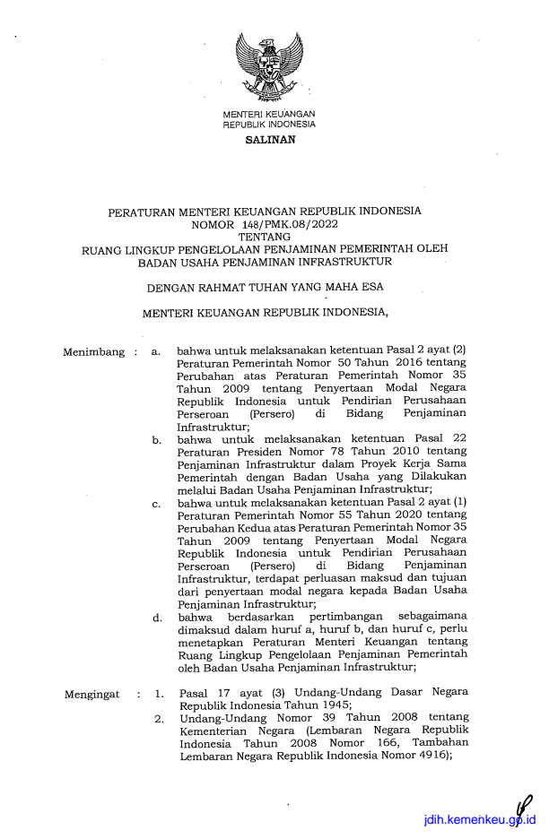 Peraturan Menteri Keuangan Nomor 148/PMK.08/2022