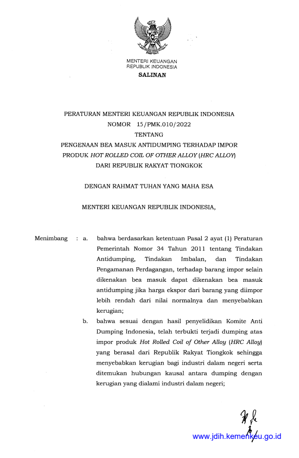 Peraturan Menteri Keuangan Nomor 15/PMK.010/2022