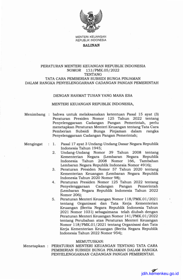 Peraturan Menteri Keuangan Nomor 153/PMK.05/2022