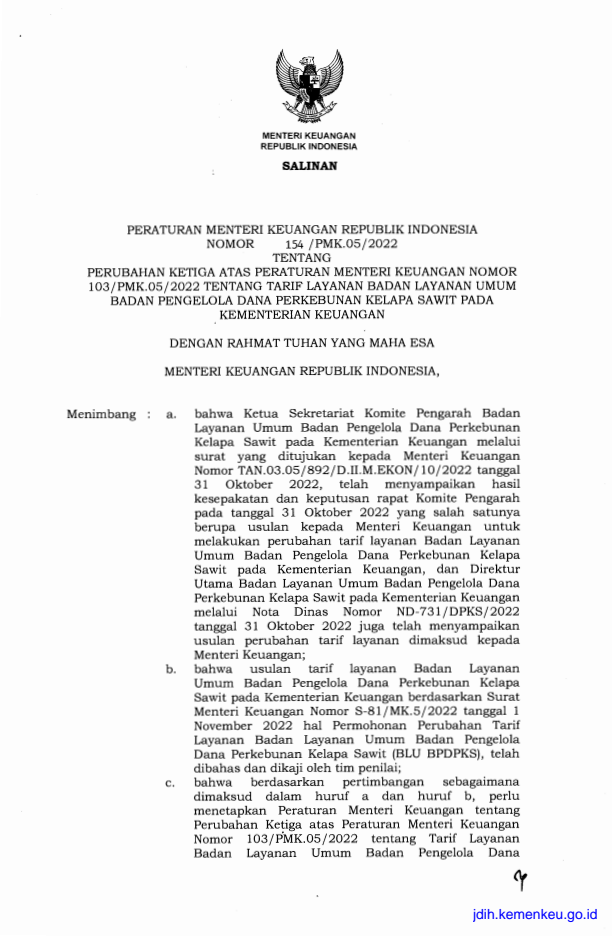 Peraturan Menteri Keuangan Nomor 154/PMK.05/2022