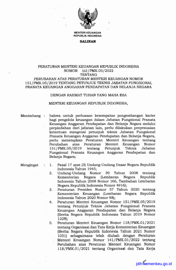 Peraturan Menteri Keuangan Nomor 162/PMK.05/2022