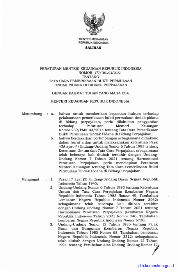 Peraturan Menteri Keuangan Nomor 177/PMK.03/2022