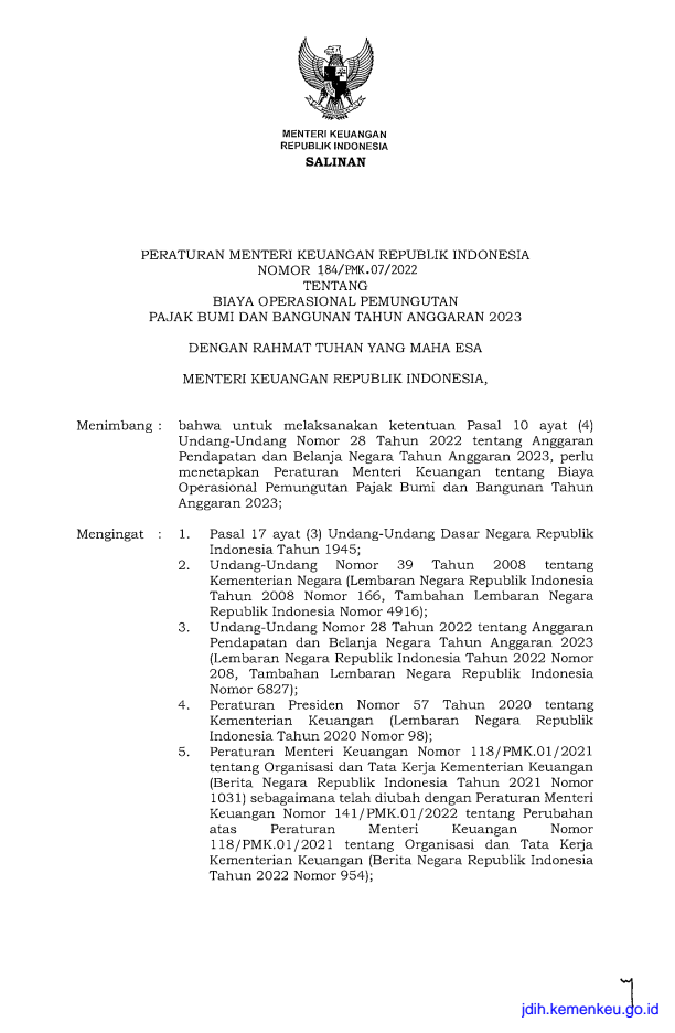 Peraturan Menteri Keuangan Nomor 184/PMK.07/2022