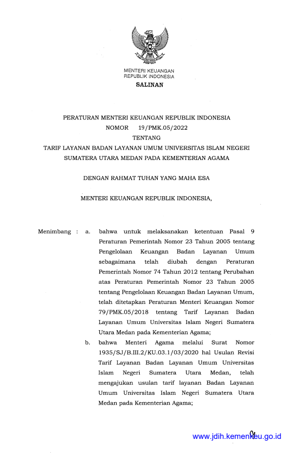 Peraturan Menteri Keuangan Nomor 19/PMK.05/2022