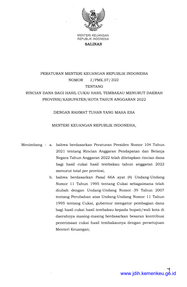 Peraturan Menteri Keuangan Nomor 2/PMK.07/2022