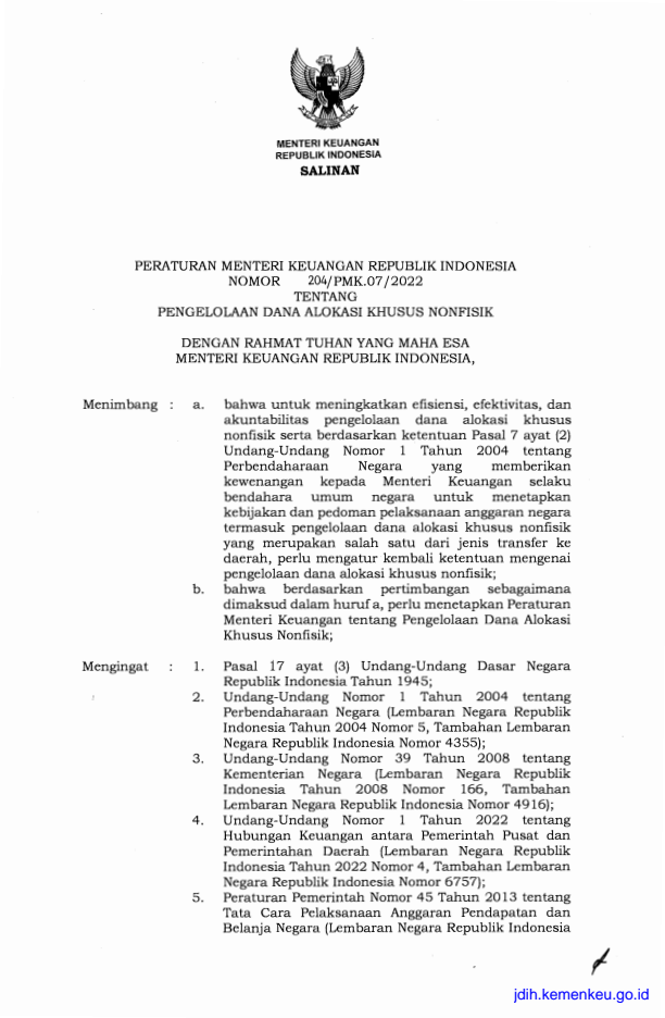 Peraturan Menteri Keuangan Nomor 204/PMK.07/2022