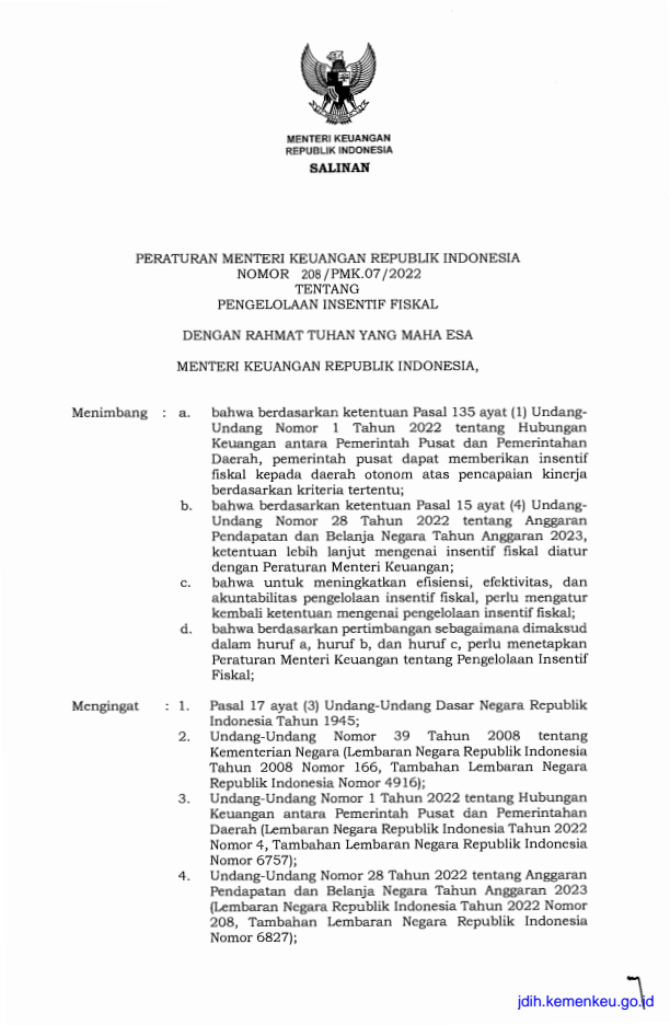 Peraturan Menteri Keuangan Nomor 208/PMK.07/2022
