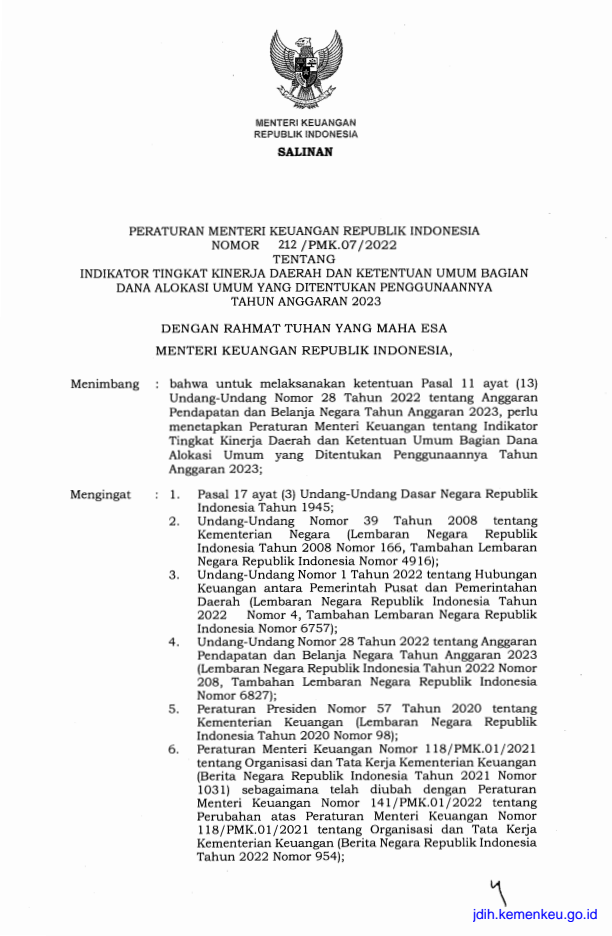 Peraturan Menteri Keuangan Nomor 212/PMK.07/2022