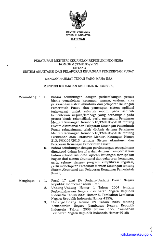 Peraturan Menteri Keuangan Nomor 217/PMK.05/2022