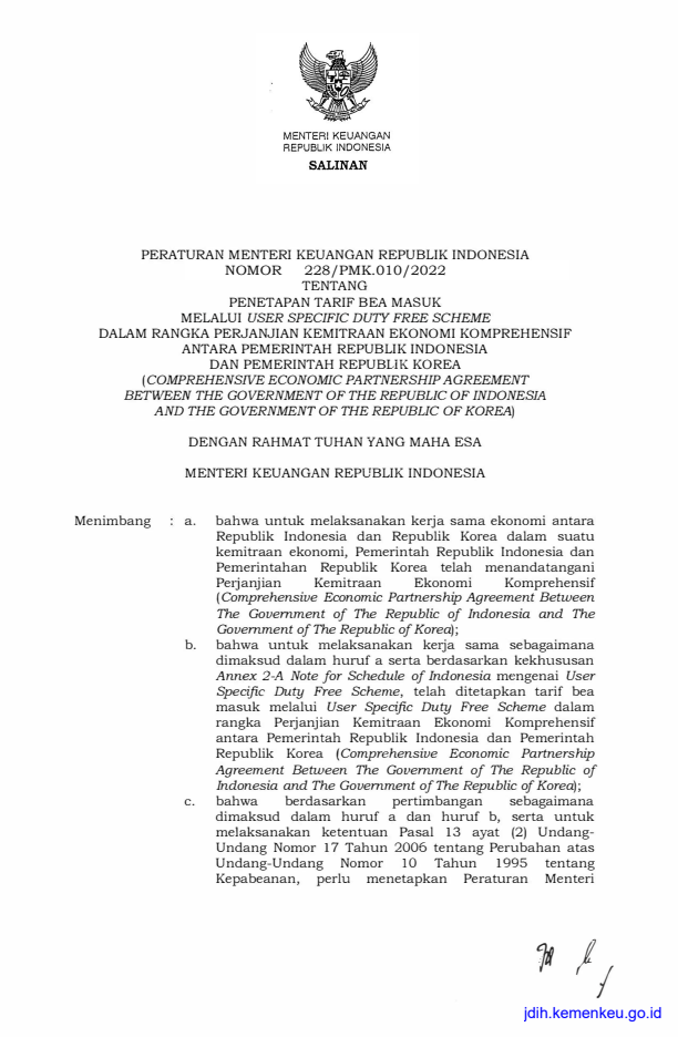 Peraturan Menteri Keuangan Nomor 228/PMK.010/2022