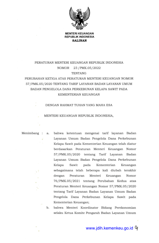 Peraturan Menteri Keuangan Nomor 23/PMK.05/2022