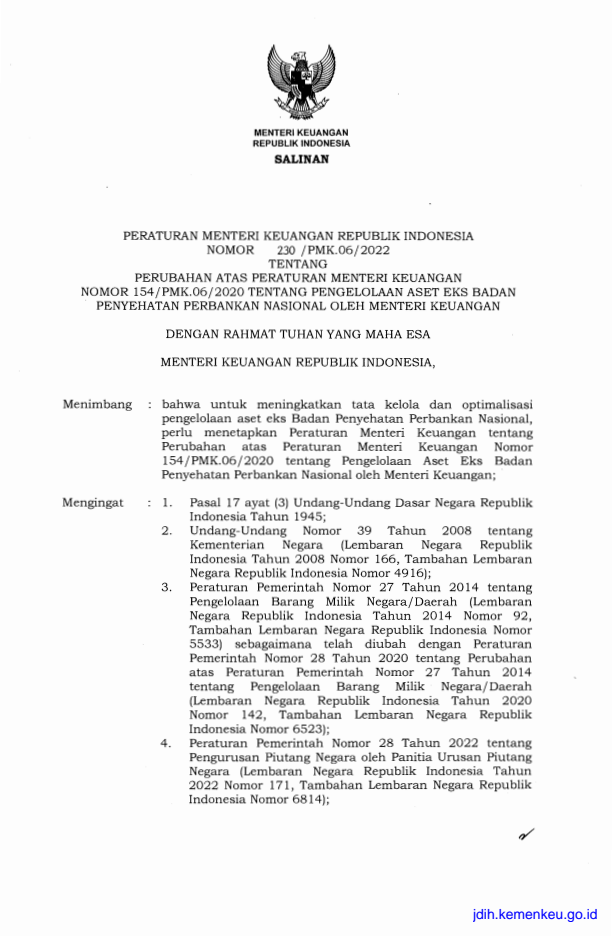 Peraturan Menteri Keuangan Nomor 230/PMK.06/2022