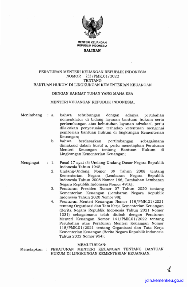 Peraturan Menteri Keuangan Nomor 233/PMK.01/2022