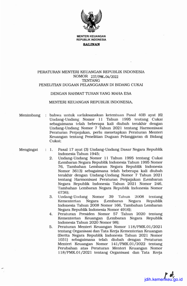 Peraturan Menteri Keuangan Nomor 237/PMK.04/2022