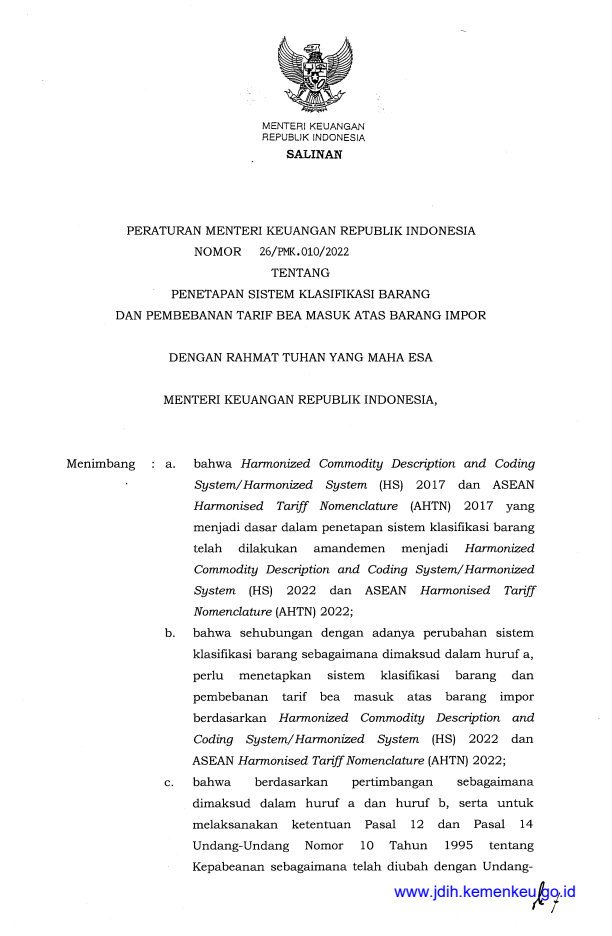 Peraturan Menteri Keuangan Nomor 26/PMK.010/2022