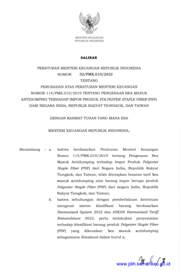 Peraturan Menteri Keuangan Nomor 32/PMK.010/2022