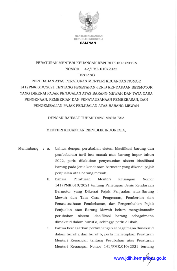 Peraturan Menteri Keuangan Nomor 42/PMK.010/2022