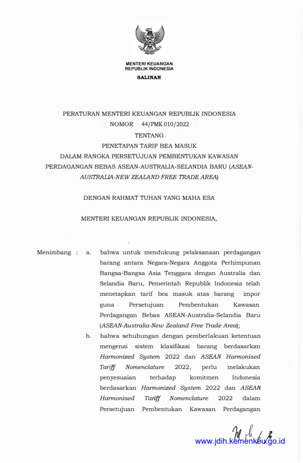 Peraturan Menteri Keuangan Nomor 44/PMK.010/2022