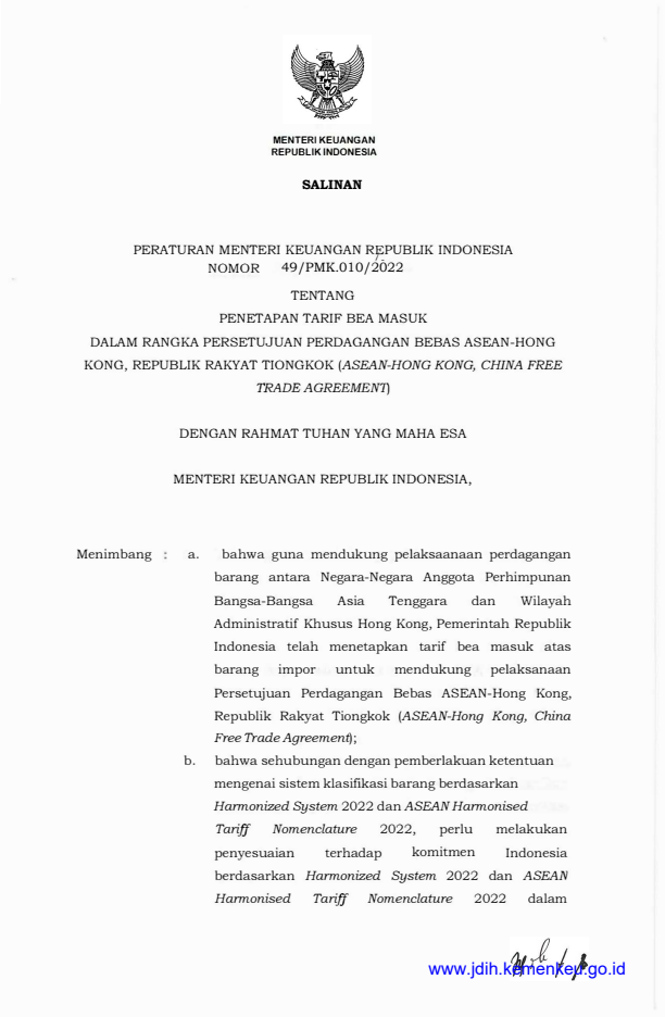 Peraturan Menteri Keuangan Nomor 49/PMK.010/2022