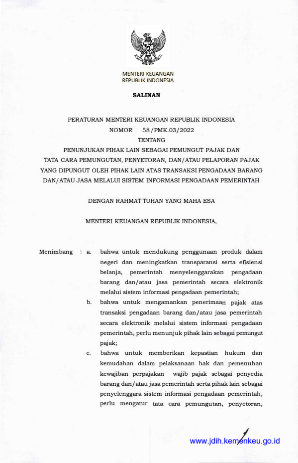 Peraturan Menteri Keuangan Nomor 58/PMK.03/2022