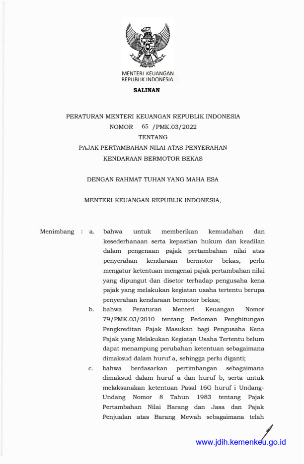 Peraturan Menteri Keuangan Nomor 65/PMK.03/2022