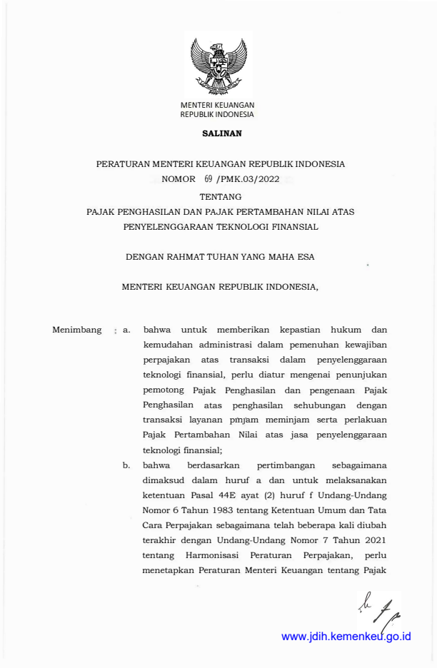 Peraturan Menteri Keuangan Nomor 69/PMK.03/2022