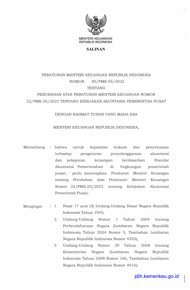 Peraturan Menteri Keuangan Nomor 85/PMK.05/2022