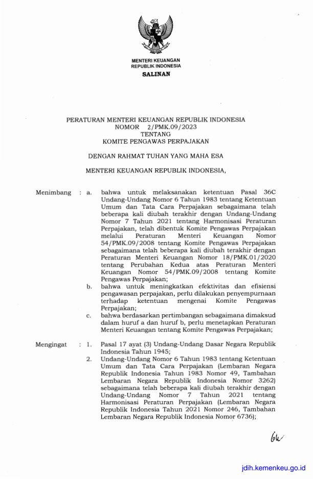 Peraturan Menteri Keuangan Nomor 2/PMK.09/2023