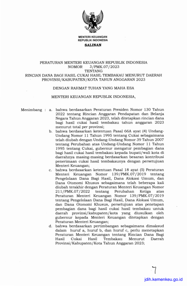 Peraturan Menteri Keuangan Nomor 3/PMK.07/2023