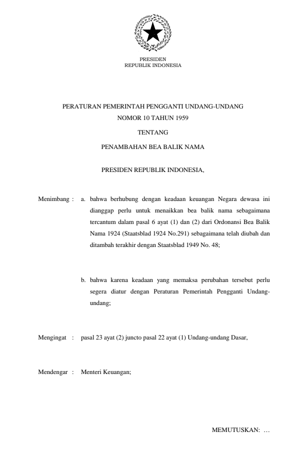 Peraturan Pemerintah Penganti Undang-undang Nomor 10 Tahun 1959