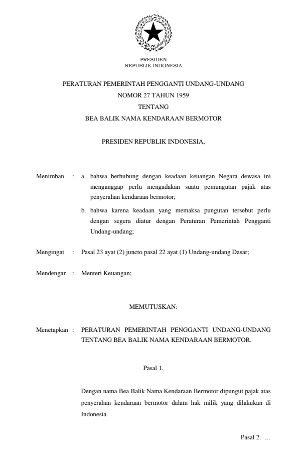 Peraturan Pemerintah Penganti Undang-undang Nomor 27 Tahun 1959