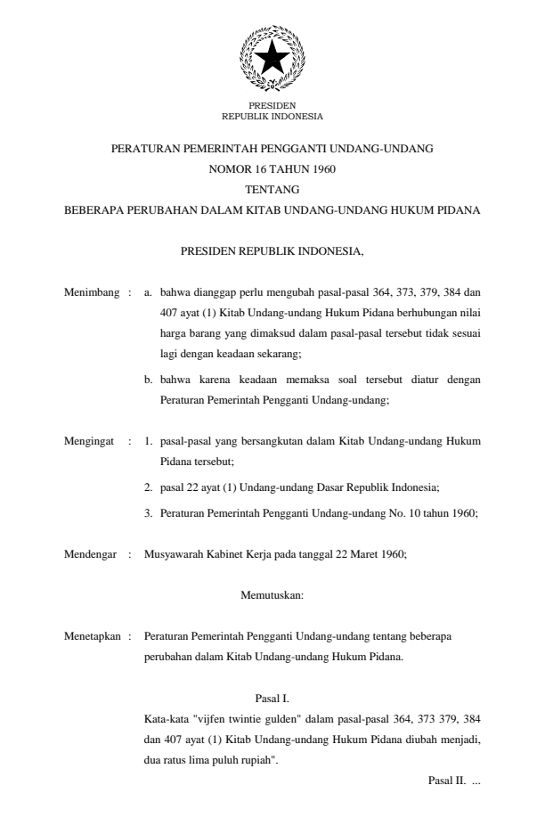 Peraturan Pemerintah Penganti Undang-undang Nomor 16 Tahun 1960