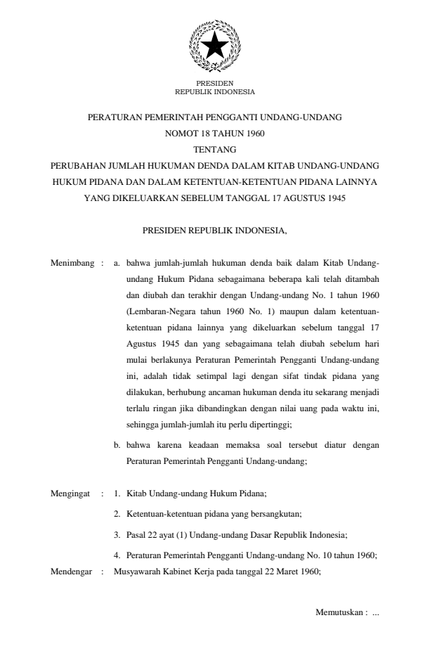Peraturan Pemerintah Penganti Undang-undang Nomor 18 Tahun 1960