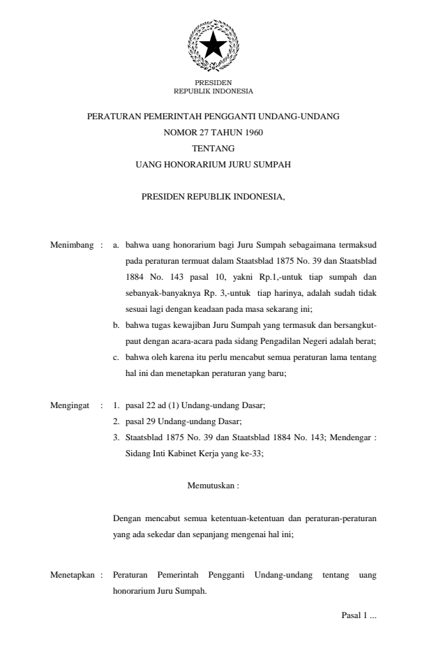 Peraturan Pemerintah Penganti Undang-undang Nomor 27 Tahun 1960