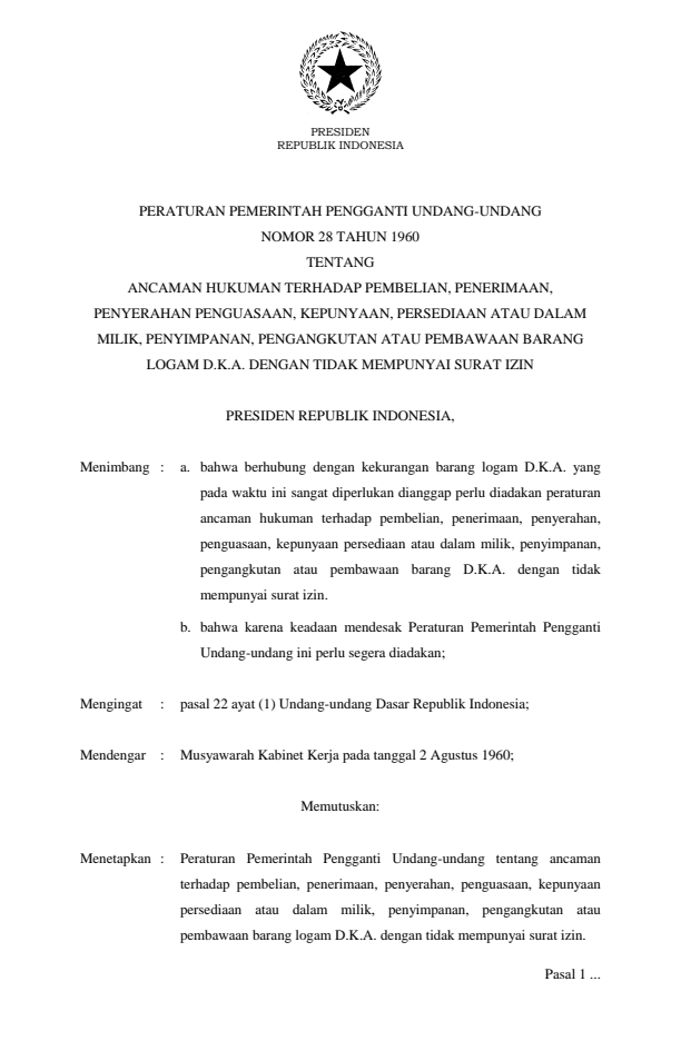 Peraturan Pemerintah Penganti Undang-undang Nomor 28 Tahun 1960
