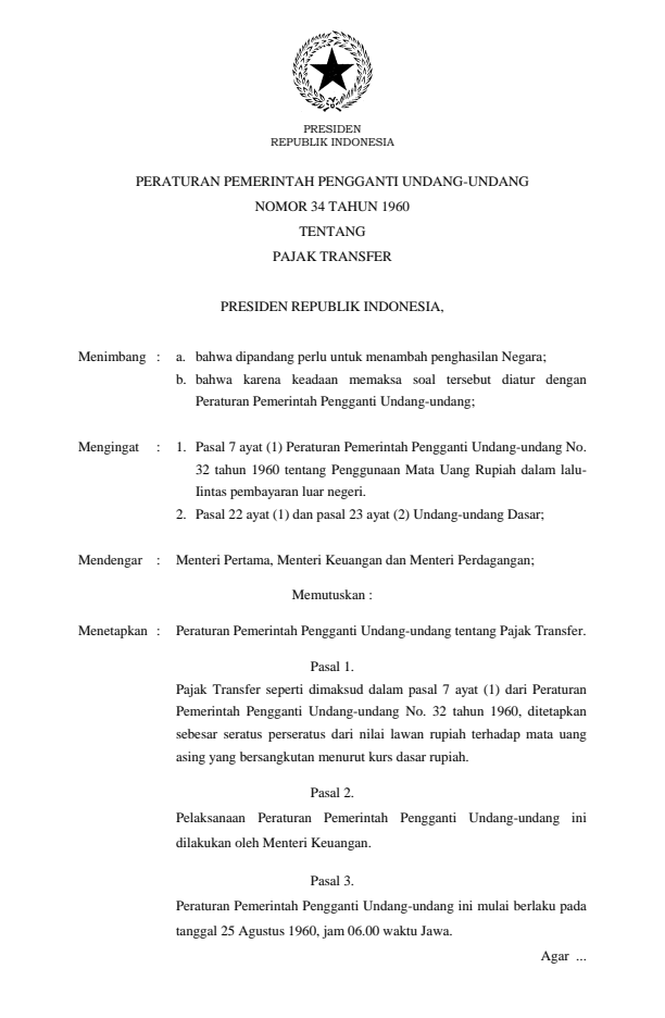 Peraturan Pemerintah Penganti Undang-undang Nomor 34 Tahun 1960