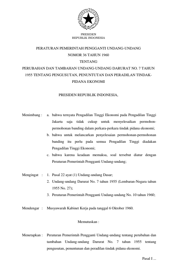 Peraturan Pemerintah Penganti Undang-undang Nomor 36 Tahun 1960