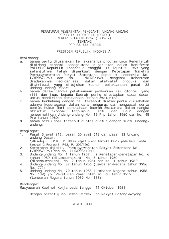 Peraturan Pemerintah Penganti Undang-undang Nomor 5 Tahun 1962