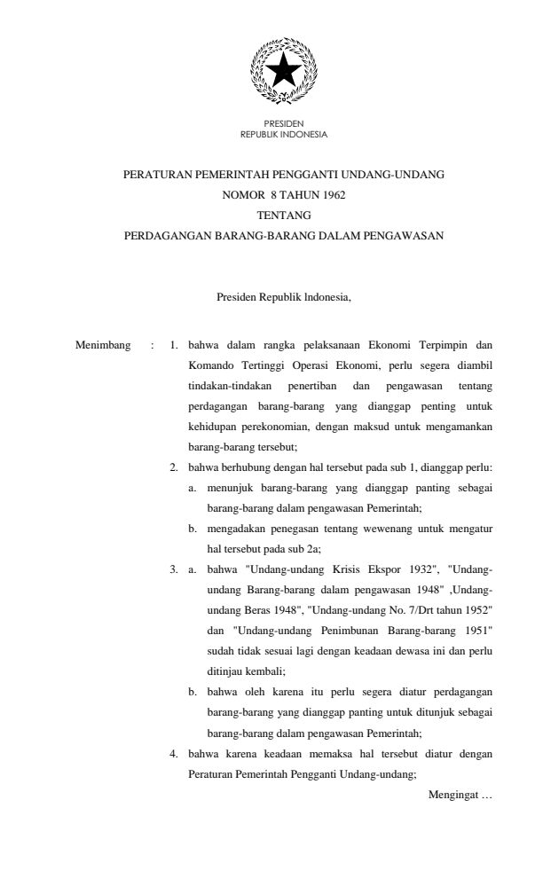 Peraturan Pemerintah Penganti Undang-undang Nomor 8 Tahun 1962